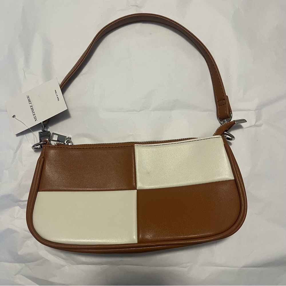 NIUEIMEE ZHOU Brown Cream Patchwork Shoulder Bag Hobo Vegan Leather Silver Trim